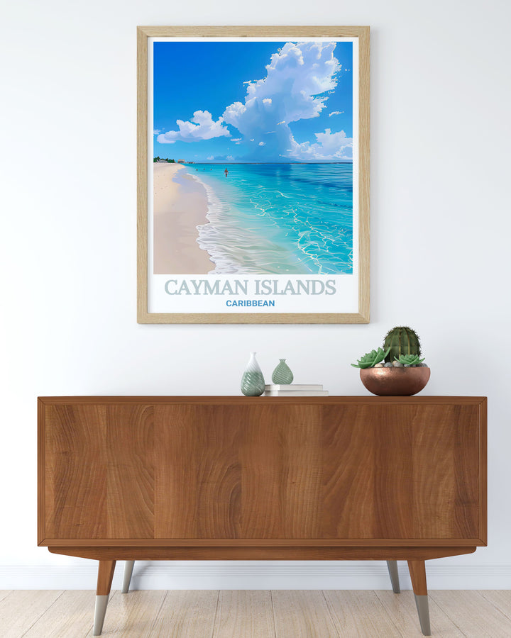Beautiful Seven Mile Beach home decor print capturing the essence of the Cayman Islands in a timeless black and white design ideal for travel enthusiasts and art lovers looking to add a touch of the Caribbean to their decor
