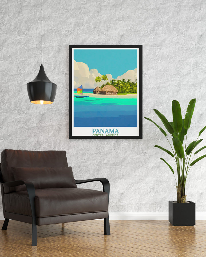 Showcase Panamas natural wonders with this travel poster of the San Blas Islands. This print is a unique gift idea for those who love tropical scenery, and its a great way to add color and tranquility to your home.