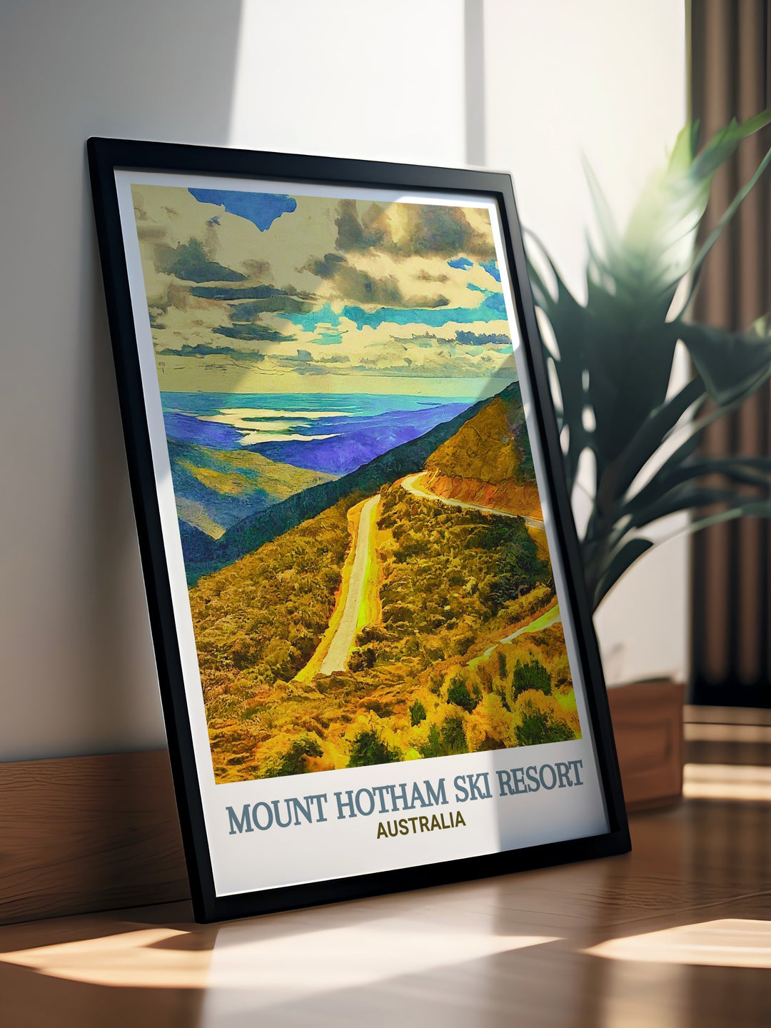 This Mount Hotham art print showcases the stunning winter landscape of Australias alpine region. Ideal for ski lovers and adventurers, the artwork highlights the beauty of the Great Alpine Road and the thrilling slopes of Mount Hotham Ski Resort.