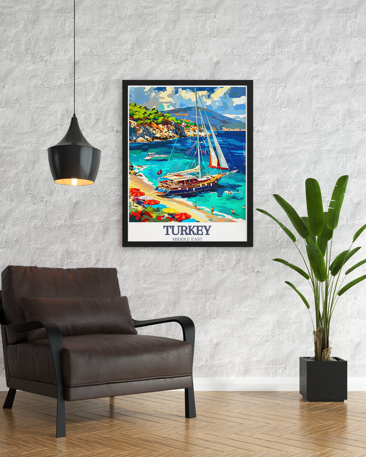 Add a touch of Turkeys coastal charm to your home with this travel print of the Turquoise Coast and a traditional Gulet sailboat. The artworks simplicity and elegance make it a beautiful gift for travelers and art lovers alike.