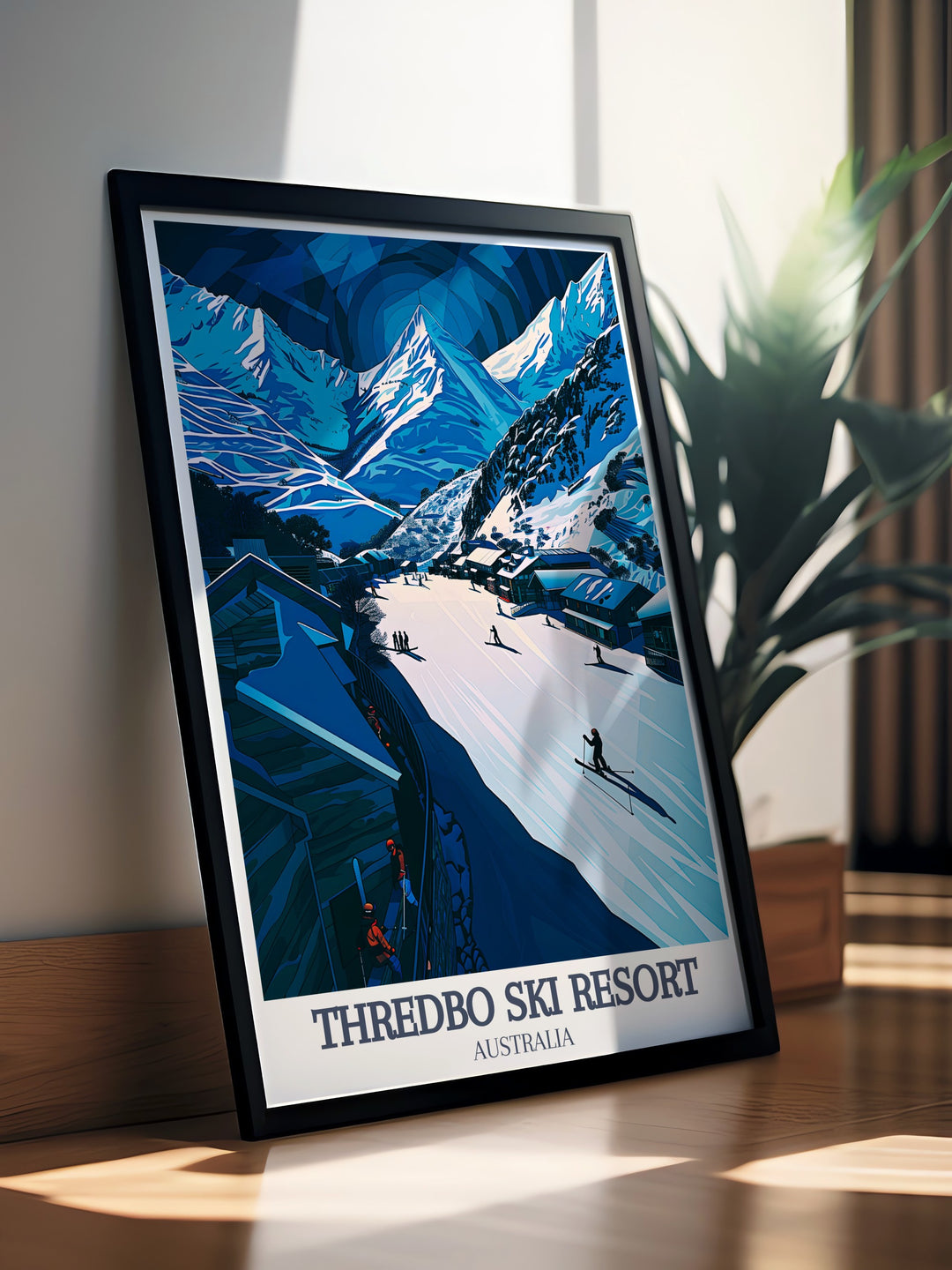 Thredbo Ski Resort art print captures the essence of the Snowy Mountains, featuring Thredbo Village and its famous ski slopes. This vintage poster brings the peaceful beauty of New South Wales winter landscape to your home, making it an ideal gift for snow lovers and ski fans alike.