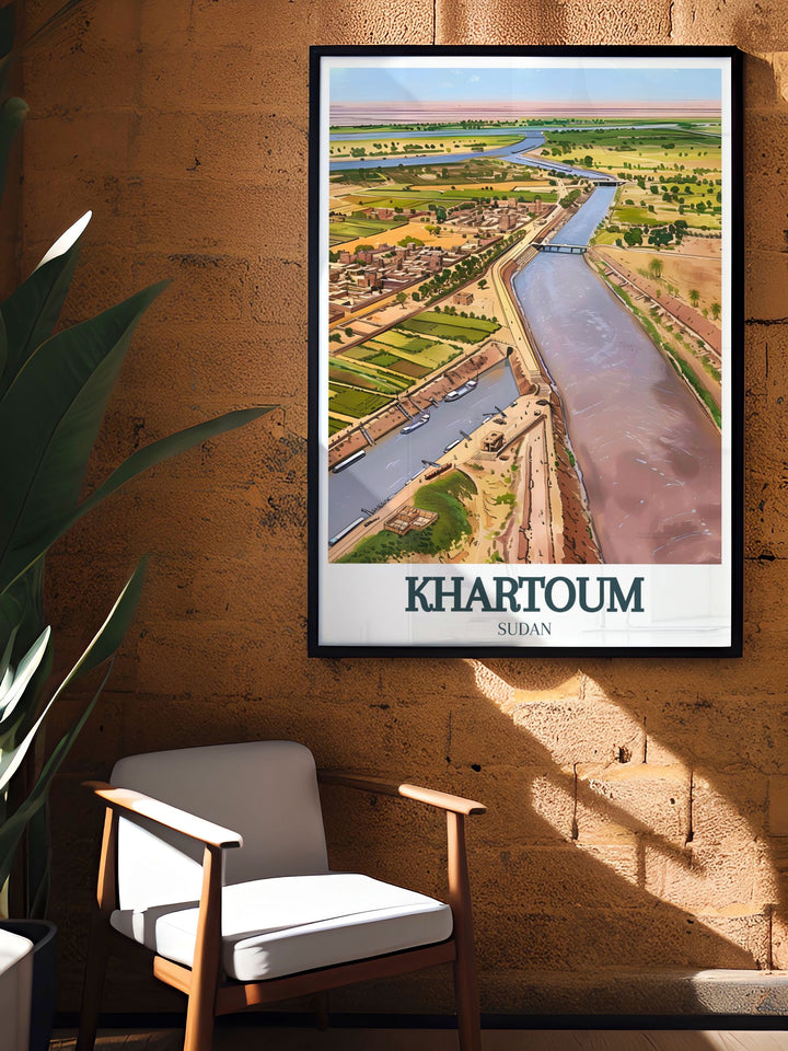 Stunning Khartoum art print with a detailed view of the Nile River Confluence Tuti Island great for wall decor