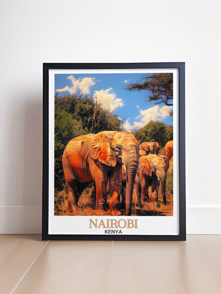 Kenya travel poster highlighting the breathtaking landscapes and rich cultural heritage of the country perfect for any living space includes prints from the David Sheldrick Wildlife Trust