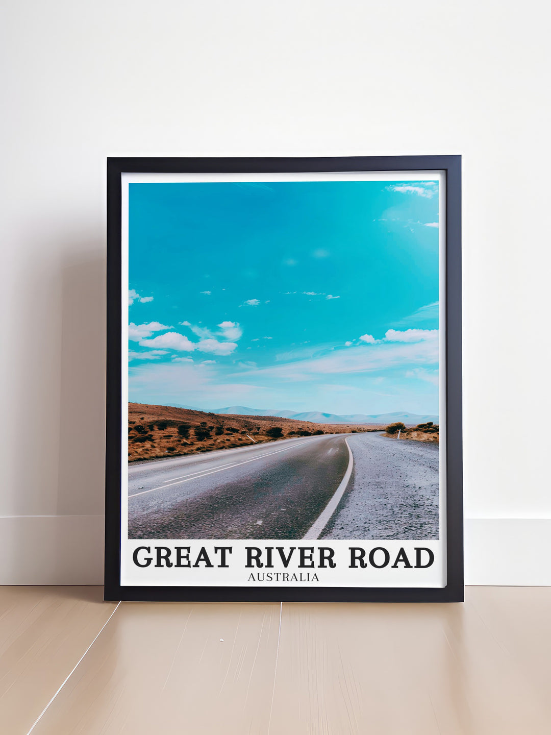 Great River Road travel print, offering serene river views and lush greenery. This poster is ideal for creating a peaceful atmosphere in your home, office, or as a thoughtful gift for lovers of nature and Australian landscapes.