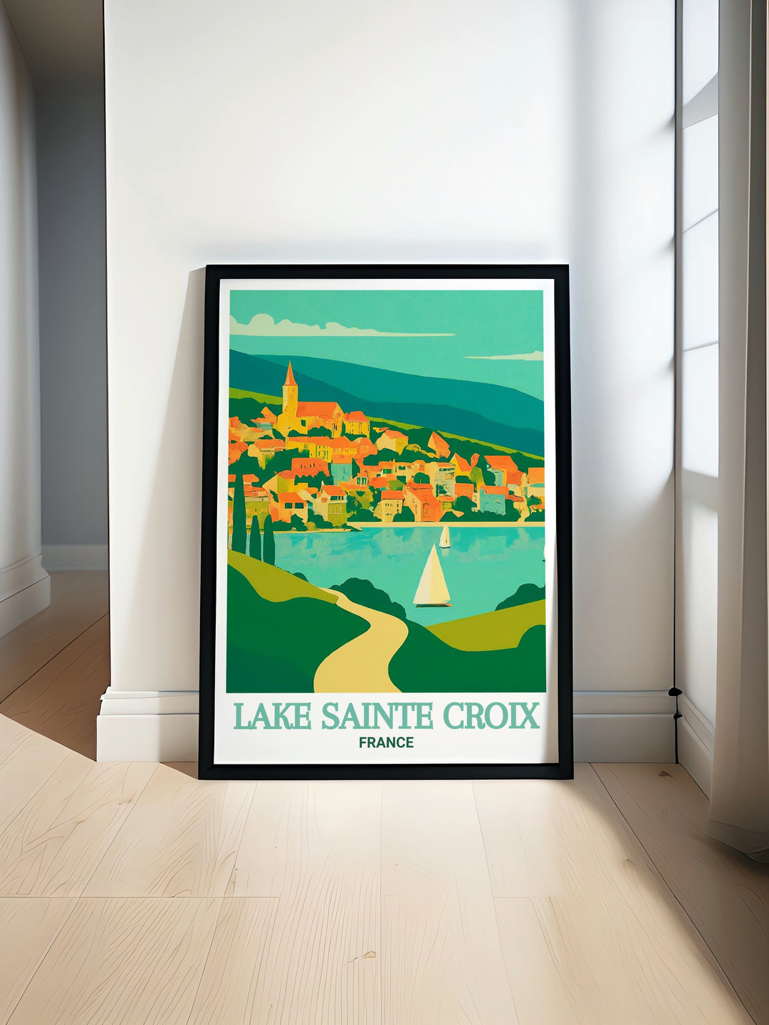 A beautifully detailed print of Lake Sainte Croix, showcasing the lakes iconic blue green waters and the rugged cliffs that frame it. This artwork is a must have for nature enthusiasts and those who appreciate the serene beauty of Frances landscapes.