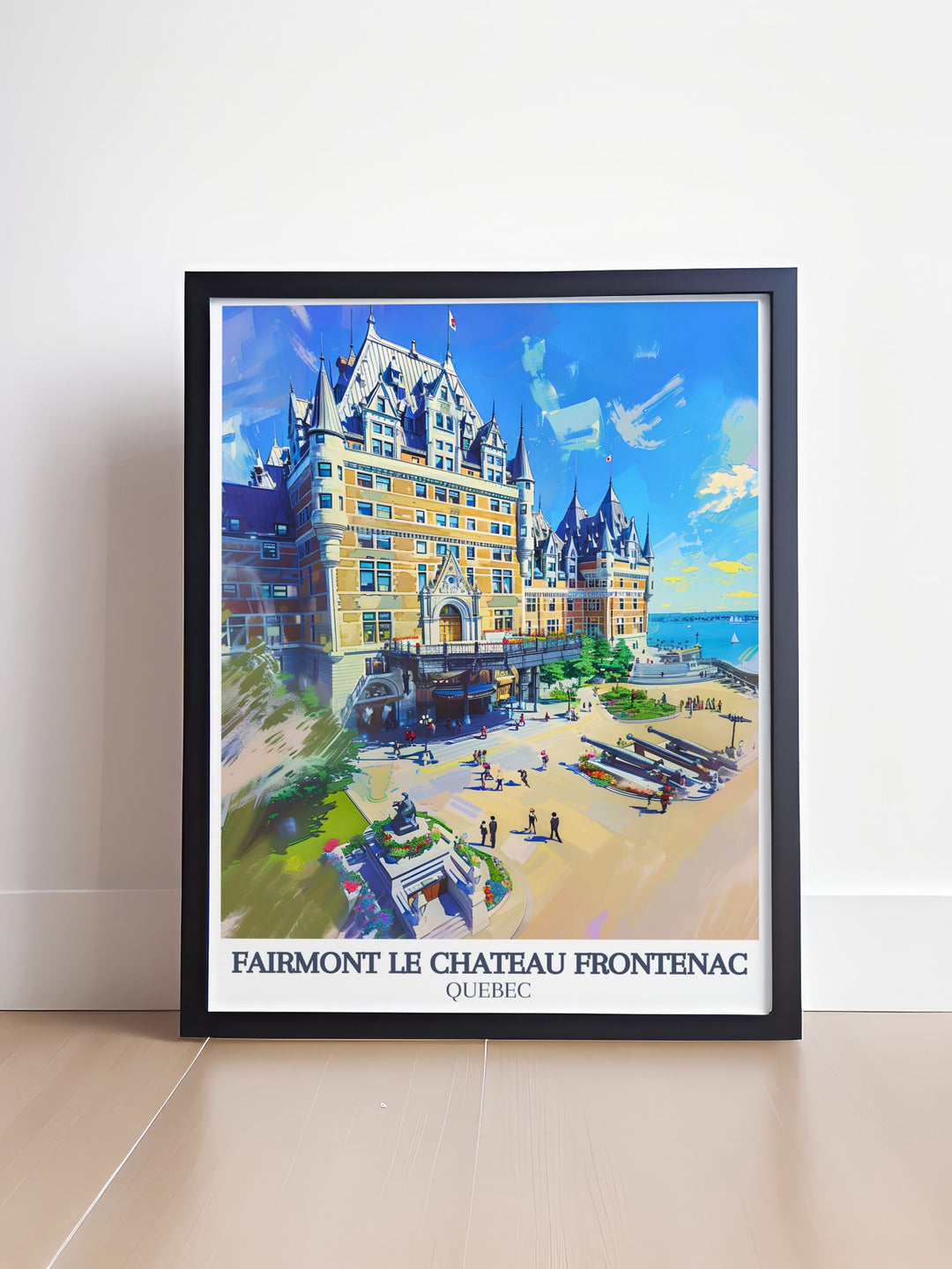 Vintage Le Chateau Frontenac poster featuring St. Lawrence River, The Chateau Frontenac Tower. A timeless piece of Canada decor that brings the charm and elegance of Quebec City into your living space with intricate details and vibrant hues.