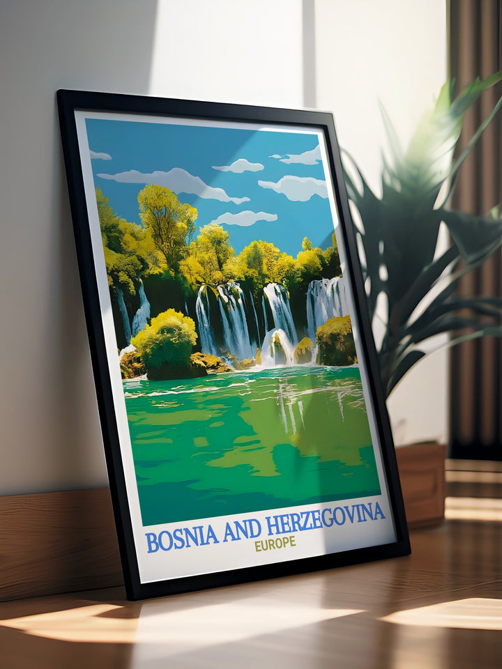 Kravica Waterfalls travel poster offers a vibrant depiction of one of Bosnia and Herzegovinas most famous natural landmarks. With its colorful and lush setting, this canvas art is perfect for adding a refreshing touch of nature to your home or office.