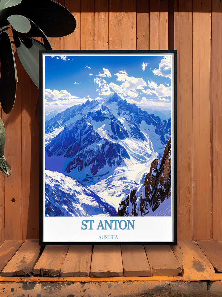 St Anton Ski Print paired with Valluga Mountain Framed Prints offers an elegant addition to your home decor. The vintage ski poster style evokes the spirit of adventure and the beauty of the Alps making it ideal for winter sports enthusiasts.