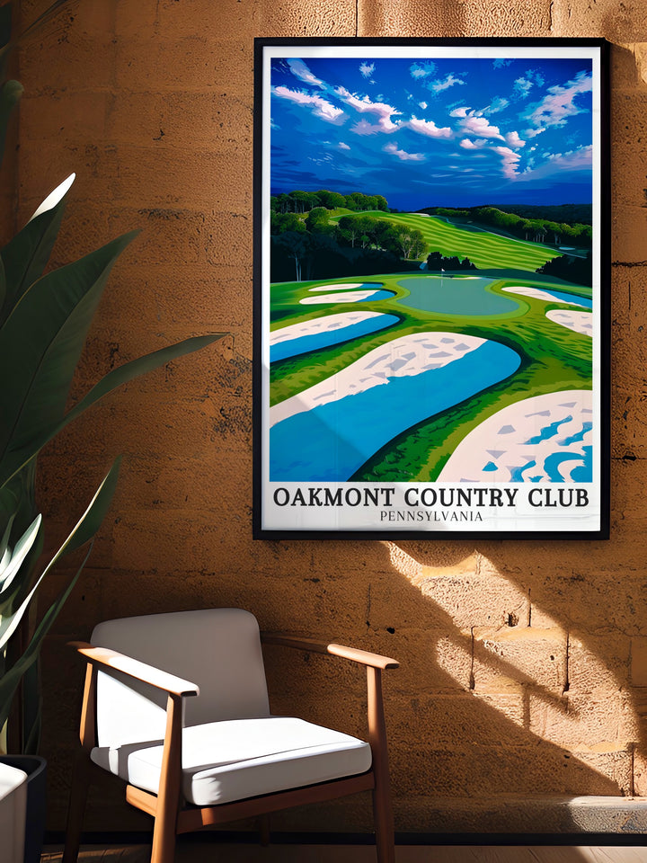 Add a touch of Pennsylvania decor to your home with this Oakmont print showcasing the Church Pew Bunker and Par 3 hole this Pittsburgh poster is perfect for anyone who loves golf and wants to bring a piece of Oakmonts history into their living space