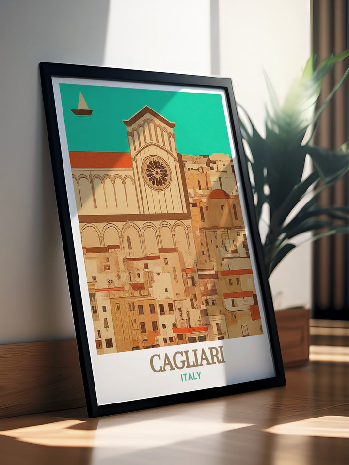 Castello District Wall Art brings the architectural grandeur of Cagliaris historic center into your living space. This detailed travel print is a stunning representation of Italys historic landmarks, ideal for any lover of Italian culture and art.