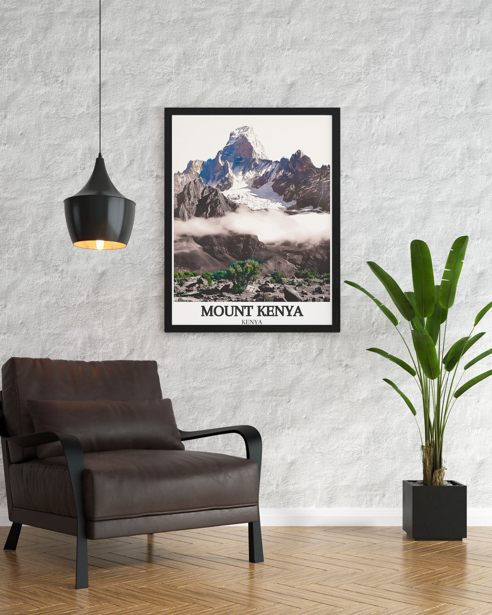 Stunning living room decor with Mount Kenya National Park poster showcasing Sirimon Route beautiful addition to any home decor or office space perfect for travel enthusiasts and those who appreciate fine art