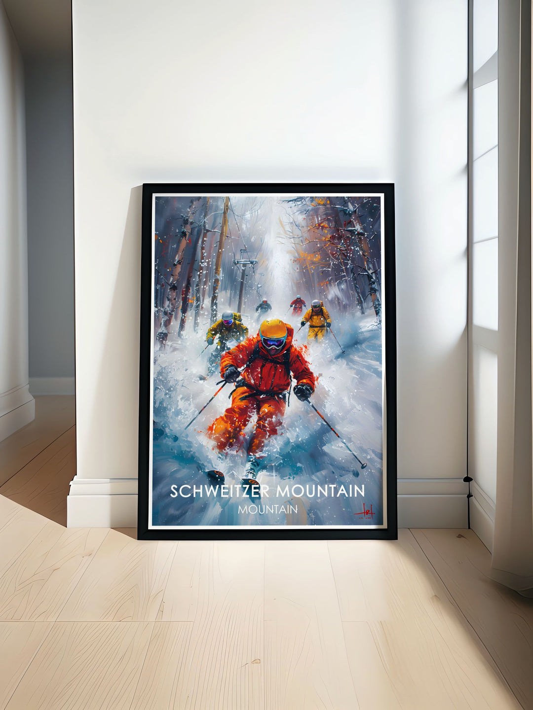 Vintage ski poster featuring Schweitzer Mountain, depicting the exhilarating ski slopes and breathtaking views, a must have for winter sports fans and vintage art collectors.