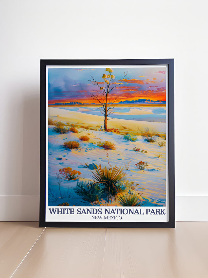 Captivating White Sands artwork with the iconic San Andres Mountains and the picturesque Chihuahuan Desert an ideal choice for national park enthusiasts and nature lovers looking for stunning prints and elegant home decor.