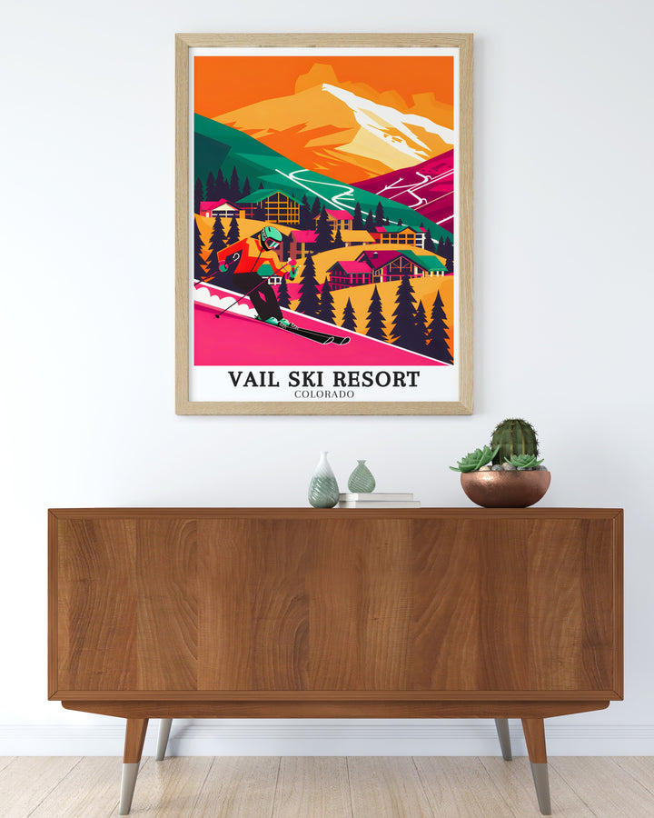 Capture the essence of Vails winter sports paradise with this travel poster. Featuring the Birds of Prey course and Golden Peak Terrain Park, this artwork is an ideal addition to your Colorado themed decor. A thoughtful gift for ski and snowboarding fans.