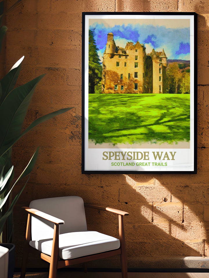 Speyside Way travel poster featuring the long distance hiking trail with its diverse landscapes and scenic beauty. This print captures the essence of one of Scotlands most iconic hiking destinations, perfect for nature lovers and outdoor enthusiasts. A timeless piece for home decor celebrating Europe.