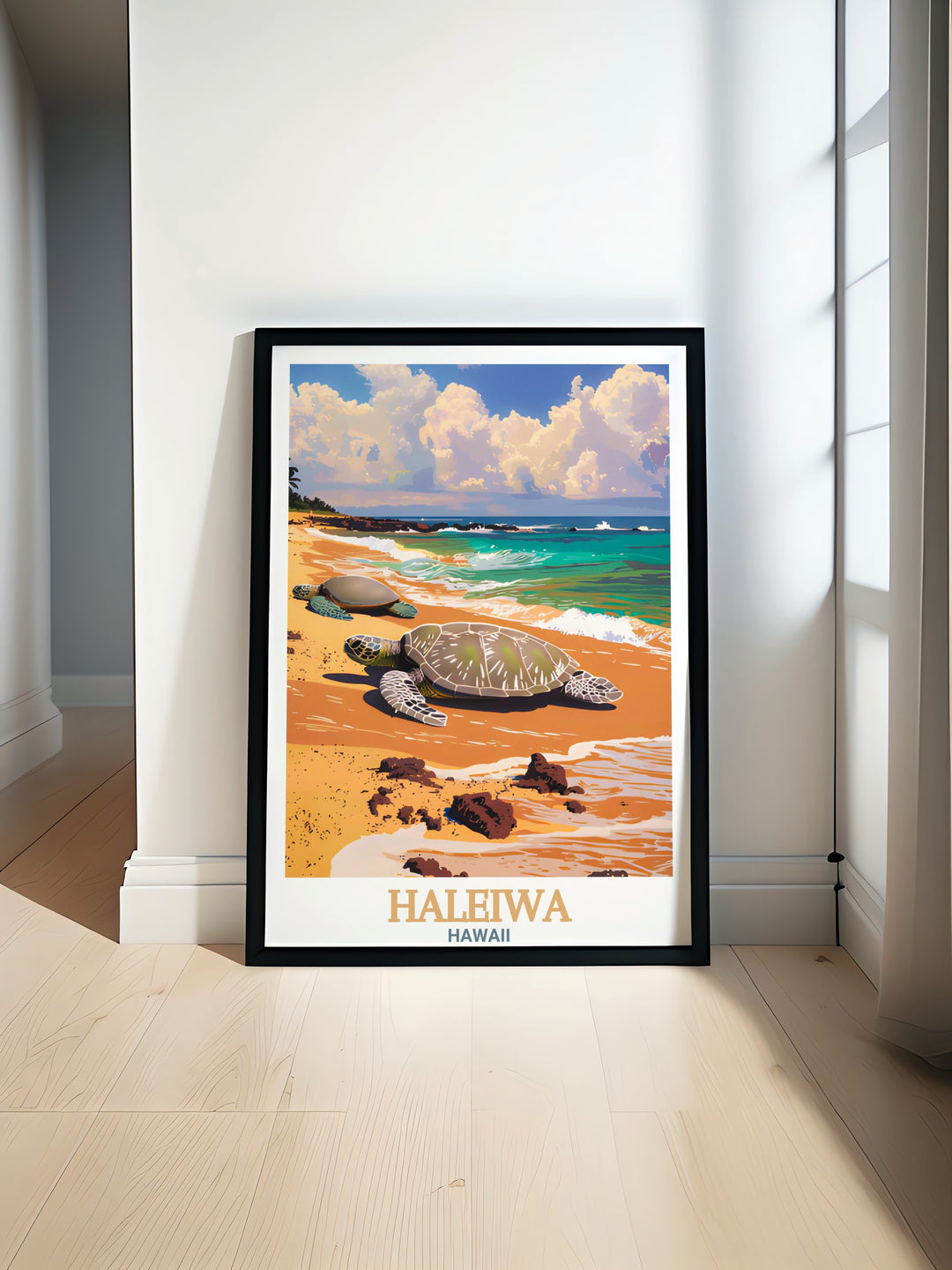 This Haleiwa travel poster print showcases the stunning Laniakea Beach Turtle Beach alongside the vibrant Haleiwa cityscape A perfect addition for those who appreciate Hawaii decor or want to bring the peaceful beach vibes into their living space