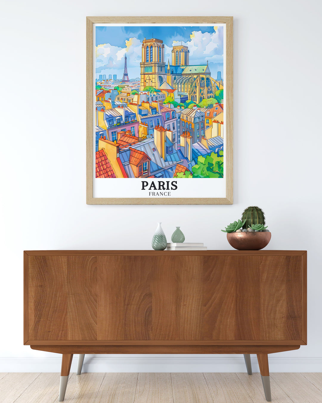 Elegant Paris Poster showcasing the Eiffel Tower and Notre Dame Cathedral ideal for adding a touch of Parisian charm to your home. This colorful art print is a must have for any Paris lover