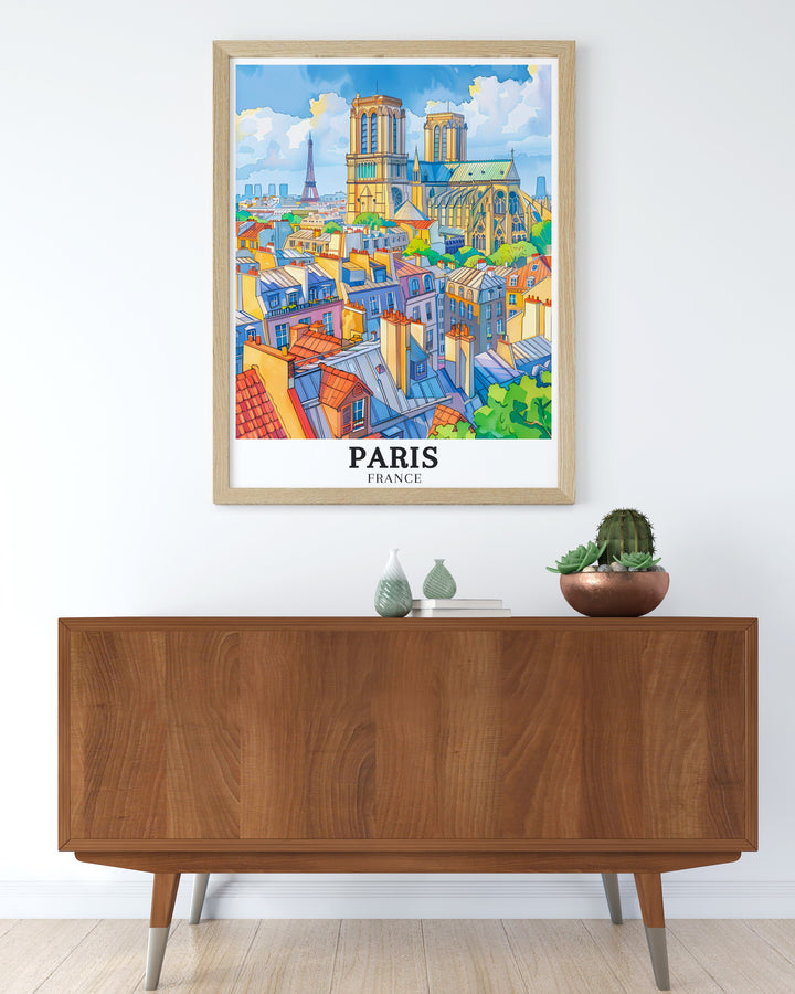 Elegant Paris Poster showcasing the Eiffel Tower and Notre Dame Cathedral ideal for adding a touch of Parisian charm to your home. This colorful art print is a must have for any Paris lover