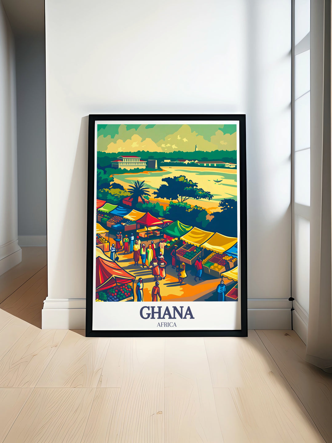 This Accra travel print beautifully captures the lively spirit of Makola Market and the citys skyline. The vibrant colors and intricate details make it an ideal addition to any wall, whether for personal decoration or as a gift for travel lovers.