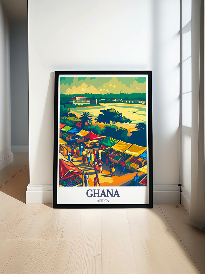 This Accra travel print beautifully captures the lively spirit of Makola Market and the citys skyline. The vibrant colors and intricate details make it an ideal addition to any wall, whether for personal decoration or as a gift for travel lovers.