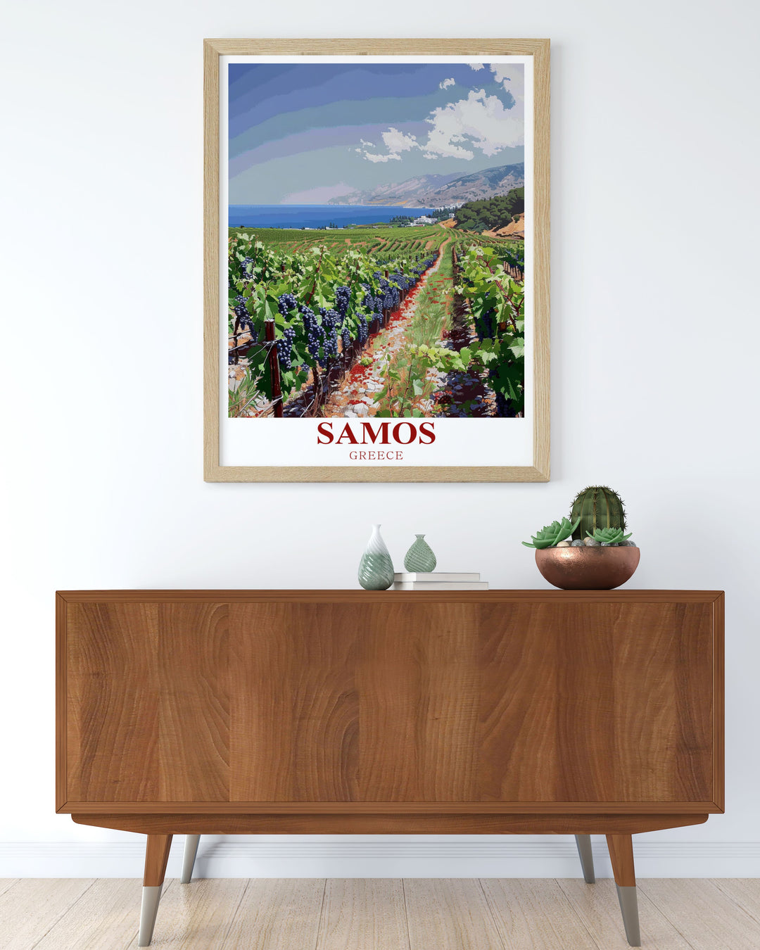 Celebrate the vineyards of Samos with this beautifully crafted travel print. Known for producing sweet Muscat wine, Samos is home to some of Greeces most famous vineyards, making this artwork a perfect gift for anyone who appreciates fine wine and stunning landscapes.