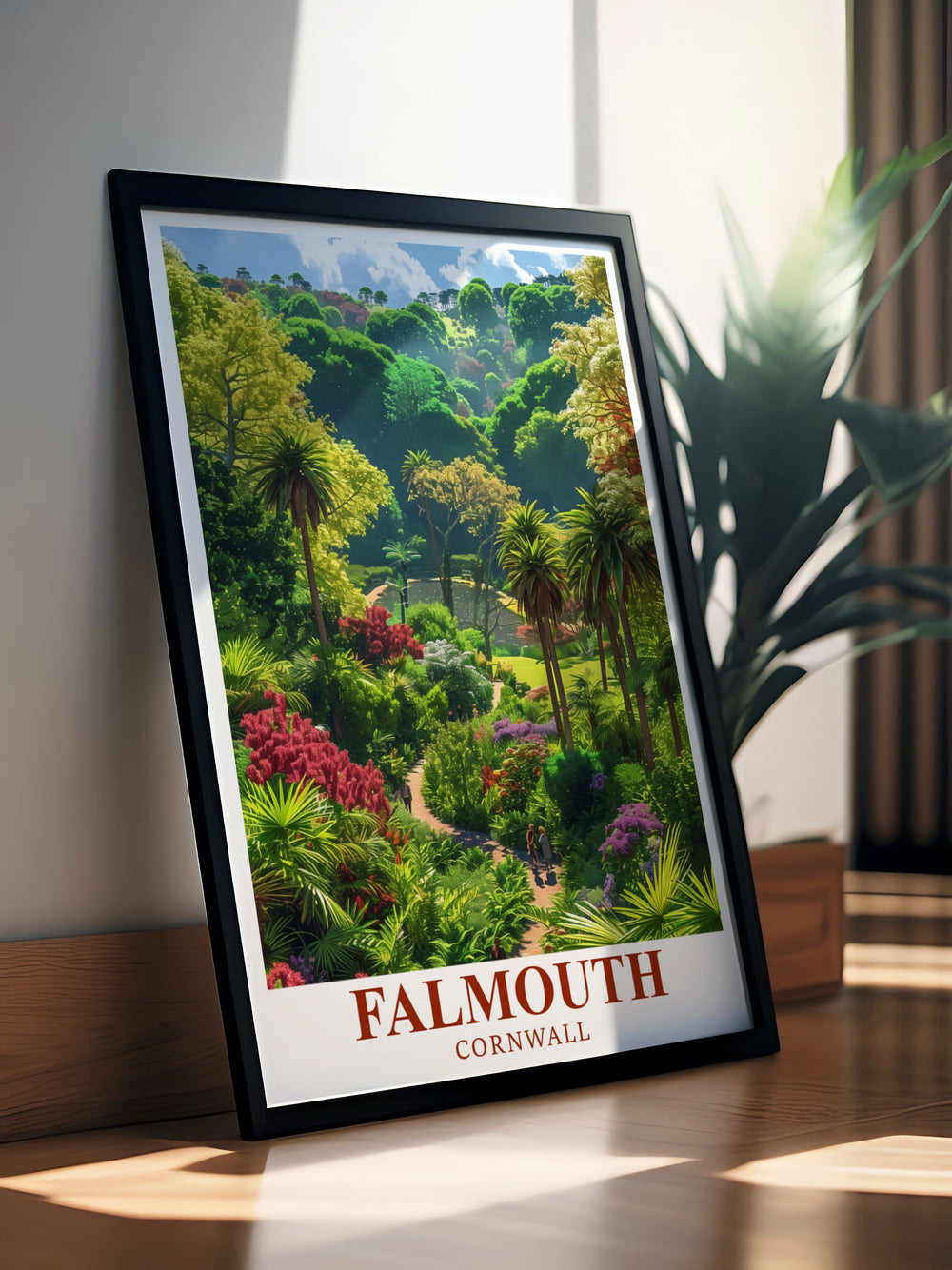Stunning Trebah Garden print depicting the enchanting botanical haven in Falmouth, Cornwall. Ideal for nature enthusiasts, this artwork highlights the diverse collection of exotic plants and serene atmosphere of Trebah Garden.
