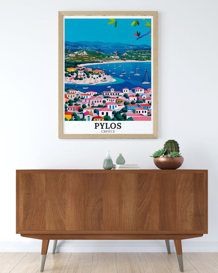 Elevate your home decor with this Pylos Print featuring Voidokilia Beach, Gialova Lagoon a beautiful representation of Greeces natural beauty perfect for creating a peaceful and inviting atmosphere in any room