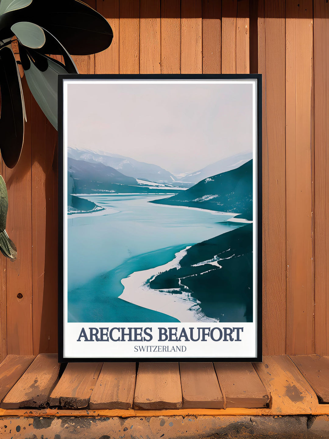 Stunning Areches Beaufort Travel Poster showcasing Le Planay Lac de Roselend and the French Alps Ideal for lovers of skiing this retro ski poster adds the beauty of Beaufortain and Les Saisies to your wall art collection