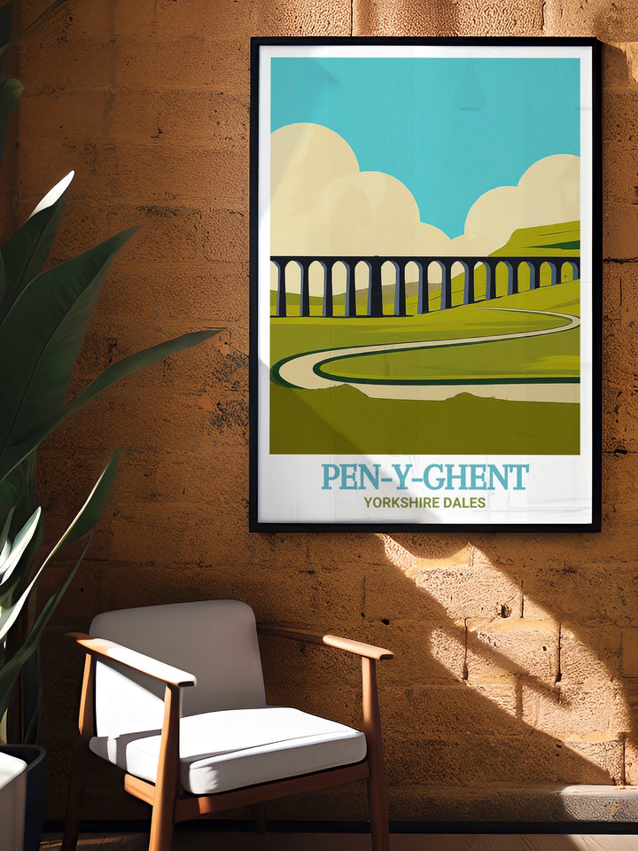 Pen Y Ghent travel poster showcasing the rugged beauty of Pen Y Ghent and the architectural marvel of Ribblehead Viaduct in the Yorkshire Dales. This artwork captures the essence of these iconic landmarks, perfect for home decor or as a gift for nature lovers. A timeless piece celebrating Yorkshire.