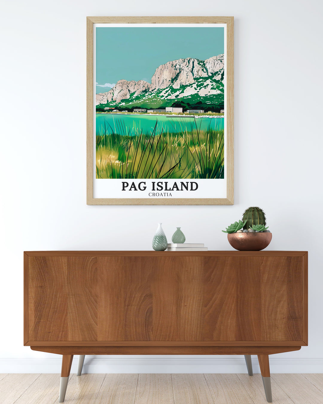 Northern Dalmatia Velebit Mountains Croatia Travel Print with Pag Island landscape an exquisite piece of wall decor that adds elegance to any room perfect for those who appreciate the serene and rugged beauty of Croatias coastal and mountainous regions.