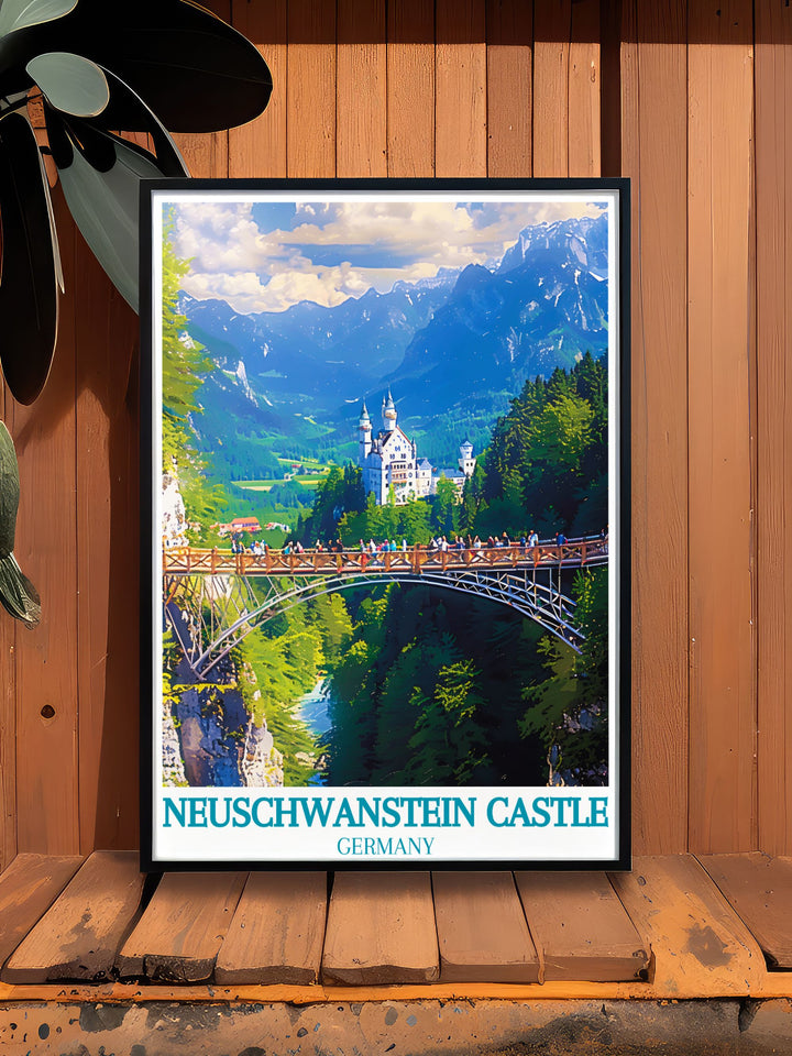 Showcasing the serene beauty of Neuschwanstein Castle and the spectacular perspective from Marienbrücke, this poster brings the enchanting charm of Bavarias landmarks into your living space, perfect for creating an elegant and historical ambiance.