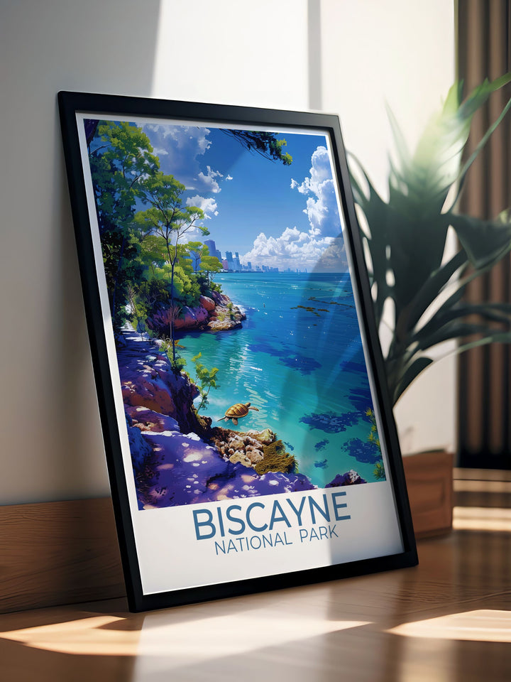 Beautiful Biscayne National Park travel poster capturing the scenic Biscayne Bay Trail and the underwater beauty of the coral reefs, perfect for enhancing your home or office with the parks iconic landmarks.