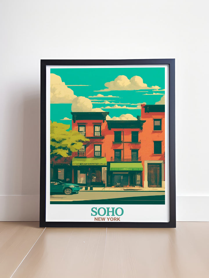 Celebrate the beauty of Londons West End with this travel print of Sohos Green Street and the London Palladium. The poster features detailed architectural elements, combining history and artistry in a piece that reflects the citys creative spirit and cultural heritage.