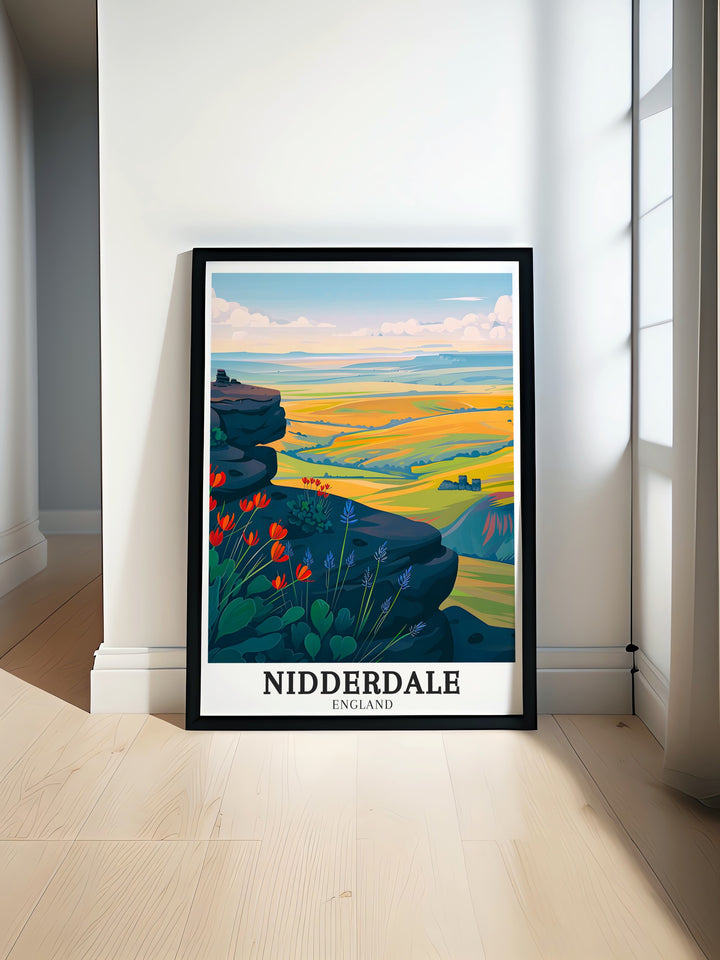 Nidderdale AONB travel poster highlighting the stunning landscapes of the Yorkshire Dales. This framed print offers a glimpse into the natural beauty of the Nidderdale Way and the surrounding British countryside.