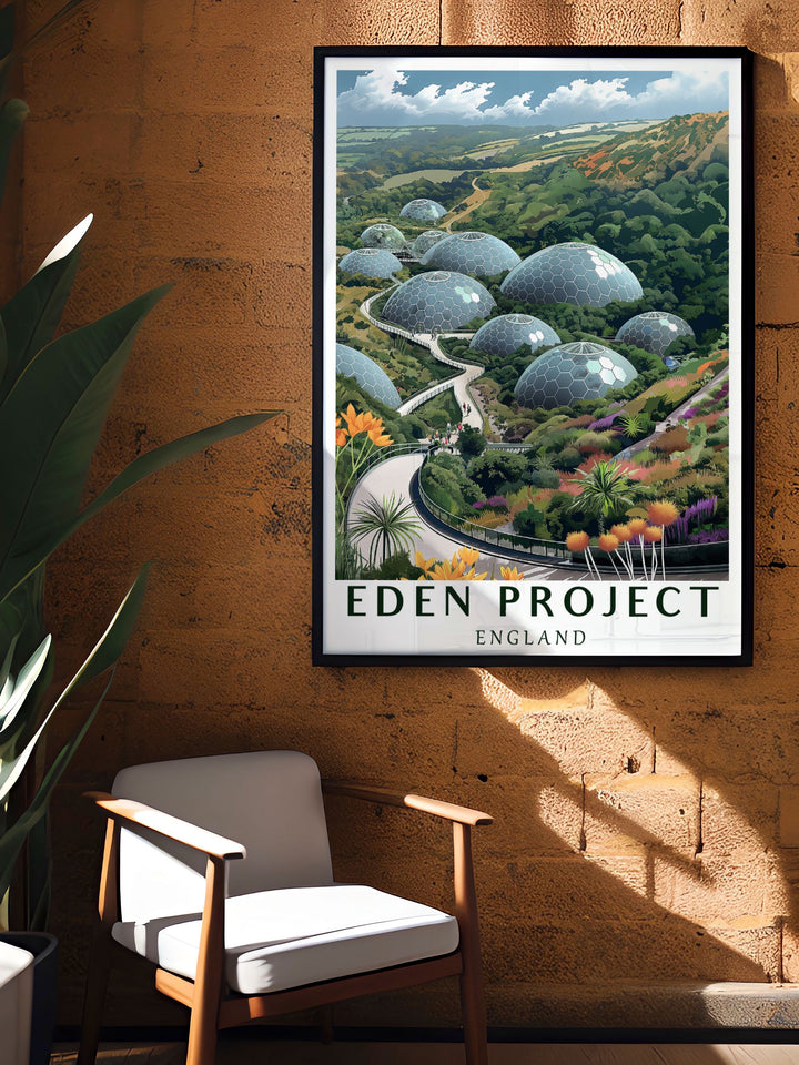Eden Project vintage print highlighting the historical and environmental significance of the renowned Cornwall garden ideal for those who appreciate art with a story this print adds a touch of elegance to any home or office decor.