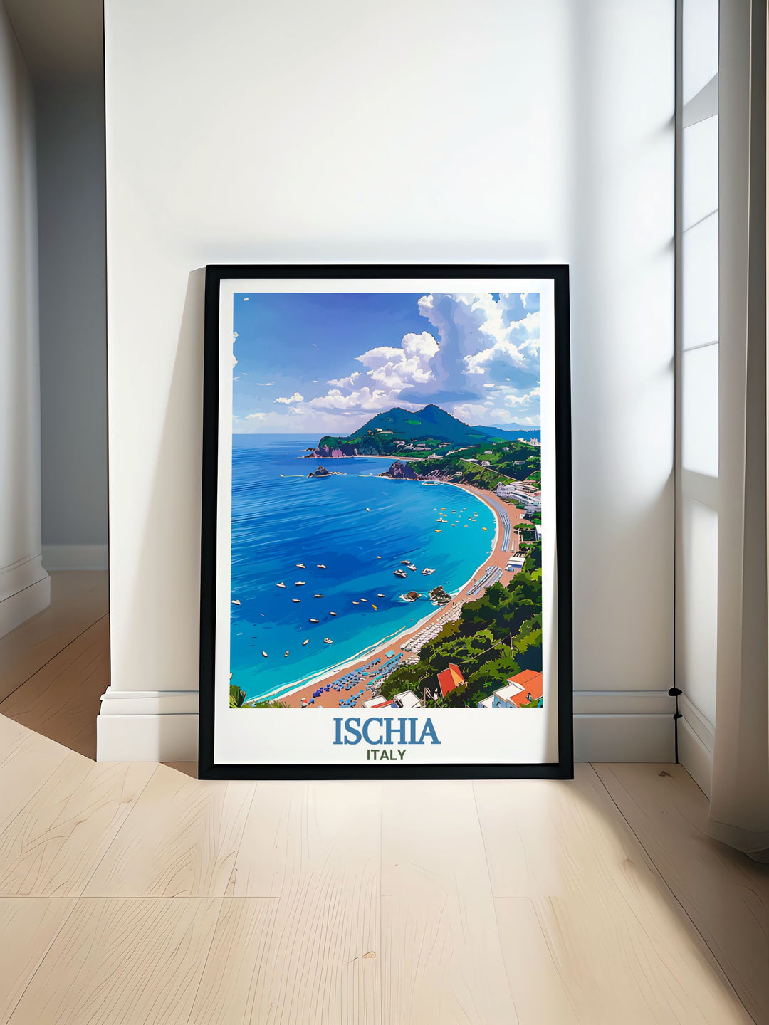 A stunning Ischia wall art piece, highlighting the charm of Maronti Beach, Italy. This travel poster brings the essence of the Mediterranean coast into any room, making it the perfect decoration or gift for fans of Italian travel and beach getaways.