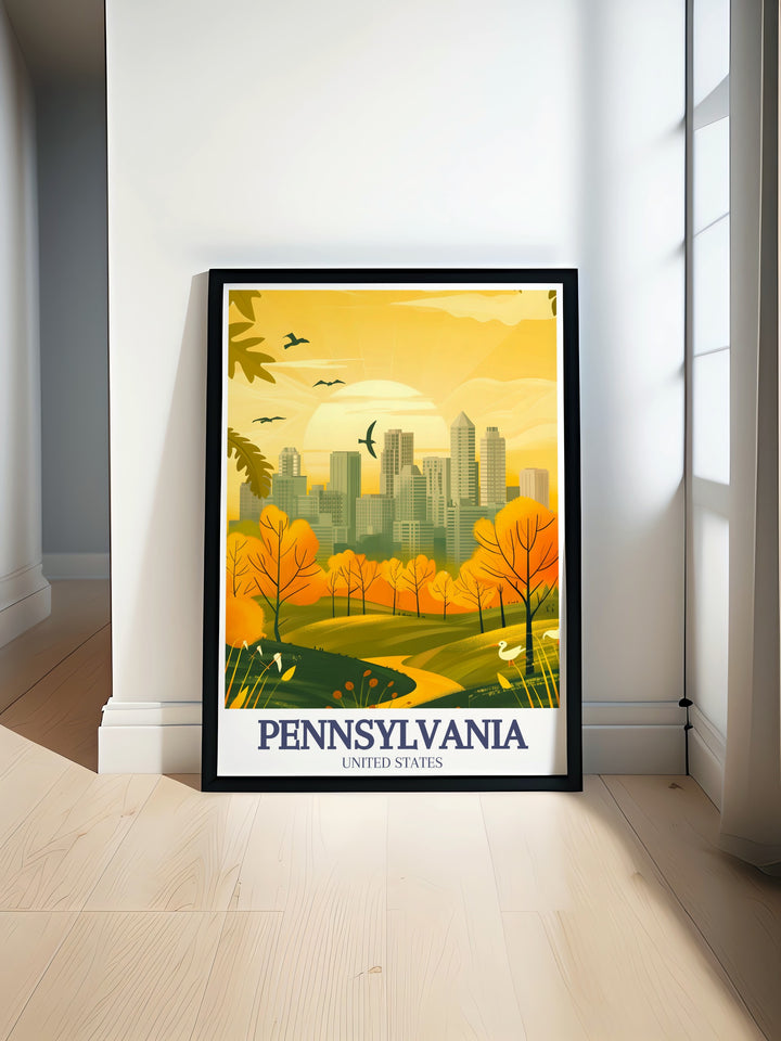 This Pennsylvania print beautifully captures the contrast between the sleek architecture of PPG Place Tower and the historical charm of Spring Garden. Perfect for home decor or as a unique gift.