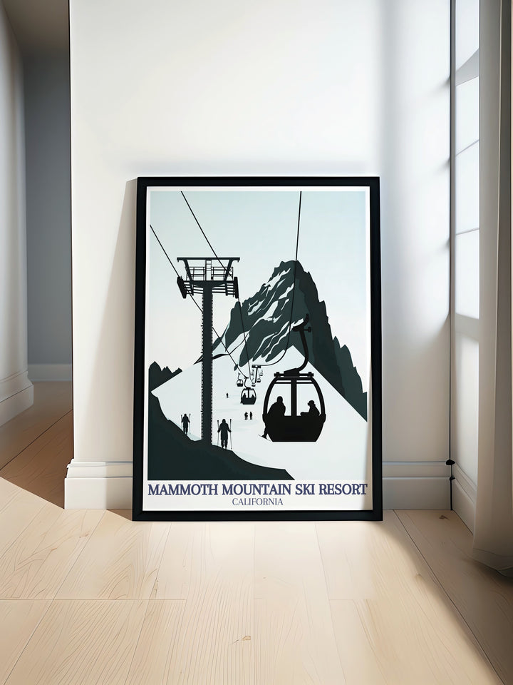 Our Mammoth Mountain travel print captures the essence of winter sports, showcasing the resorts Main Lodge and expansive ski trails. The Inyo National Forest canvas art adds a beautiful natural backdrop, perfect for enhancing your homes décor with adventure and serenity.