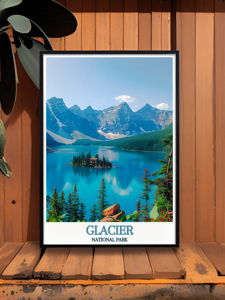 Custom print of St. Mary Lake, showcasing the tranquil beauty and majestic scenery of Glacier National Park, perfect for nature enthusiasts and those who love Americas national parks.