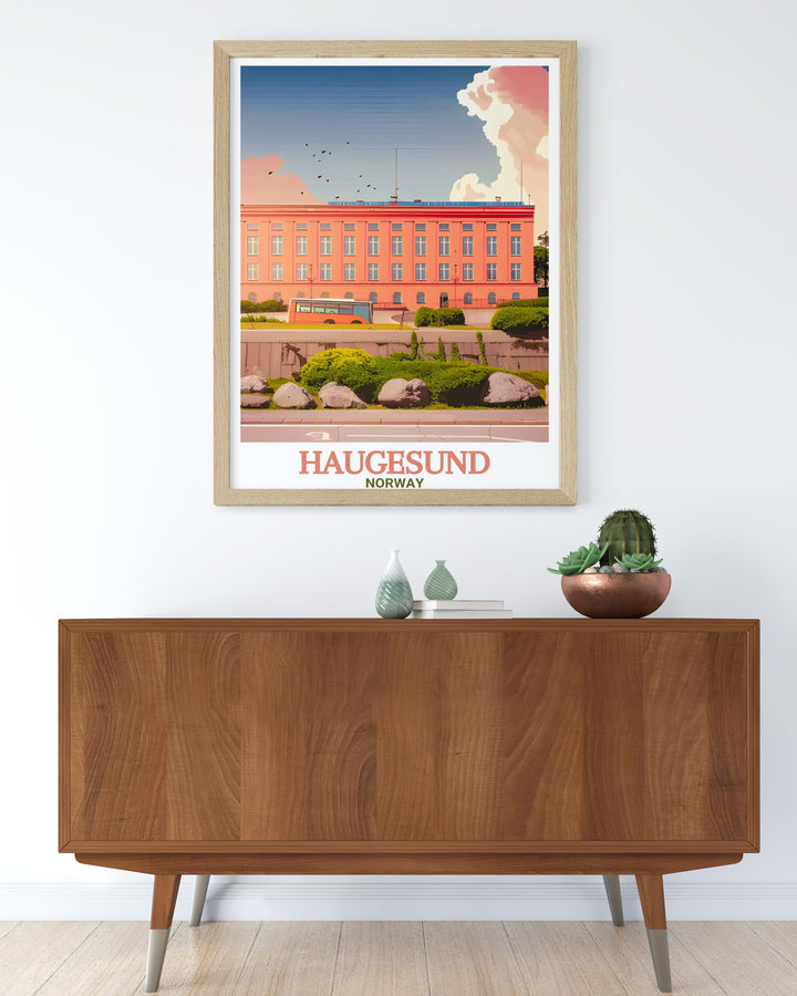 This framed art print captures the charm of Haugesund with its landmarks, such as Haugesund City Hall and Haraldshaugen, and the sweeping views of the North Sea, offering a piece of Norways beauty for your home.