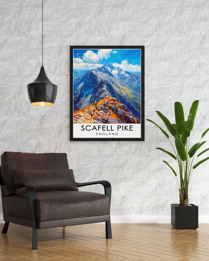 Capture the beauty of Englands Lake District with this Scafell Pike poster print. Featuring the summit in all its glory, this artwork is perfect for nature lovers and adventurers alike. Its an ideal travel gift or a stunning piece of decor for any space.