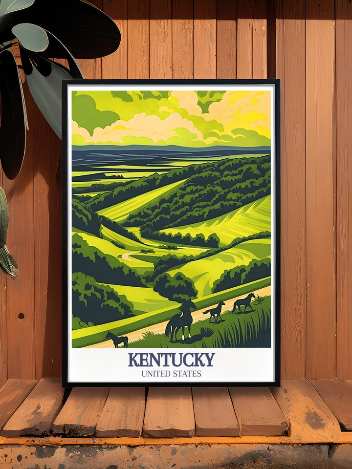 This vintage style Kentucky travel poster highlights the natural beauty of the Bluegrass region and the Walk Across Kentucky. Its vibrant colors and detailed design make it a perfect addition to any room or as a thoughtful gift for friends and family.