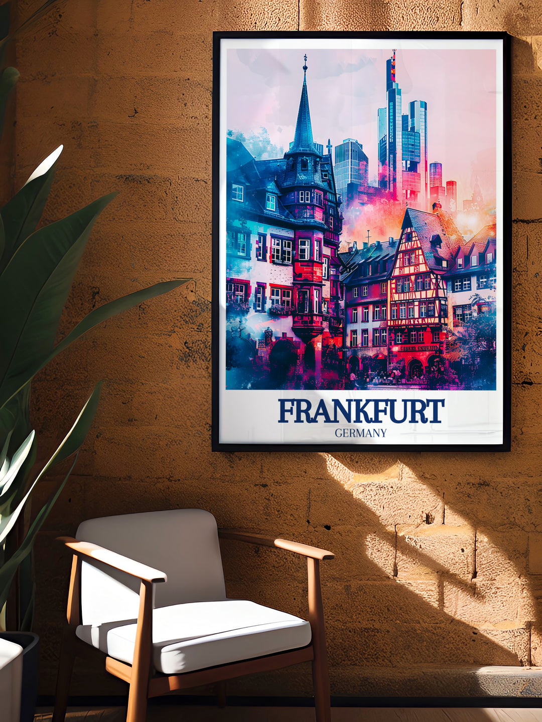 Römerberg, the historic square in Frankfurt, is beautifully depicted in this travel print, showcasing its medieval architecture and vibrant atmosphere. The artwork highlights the intricate details of the half timbered houses and the iconic Römer building, offering a glimpse into Frankfurts rich history. This Germany wall art is perfect for adding a touch of cultural heritage to any room.