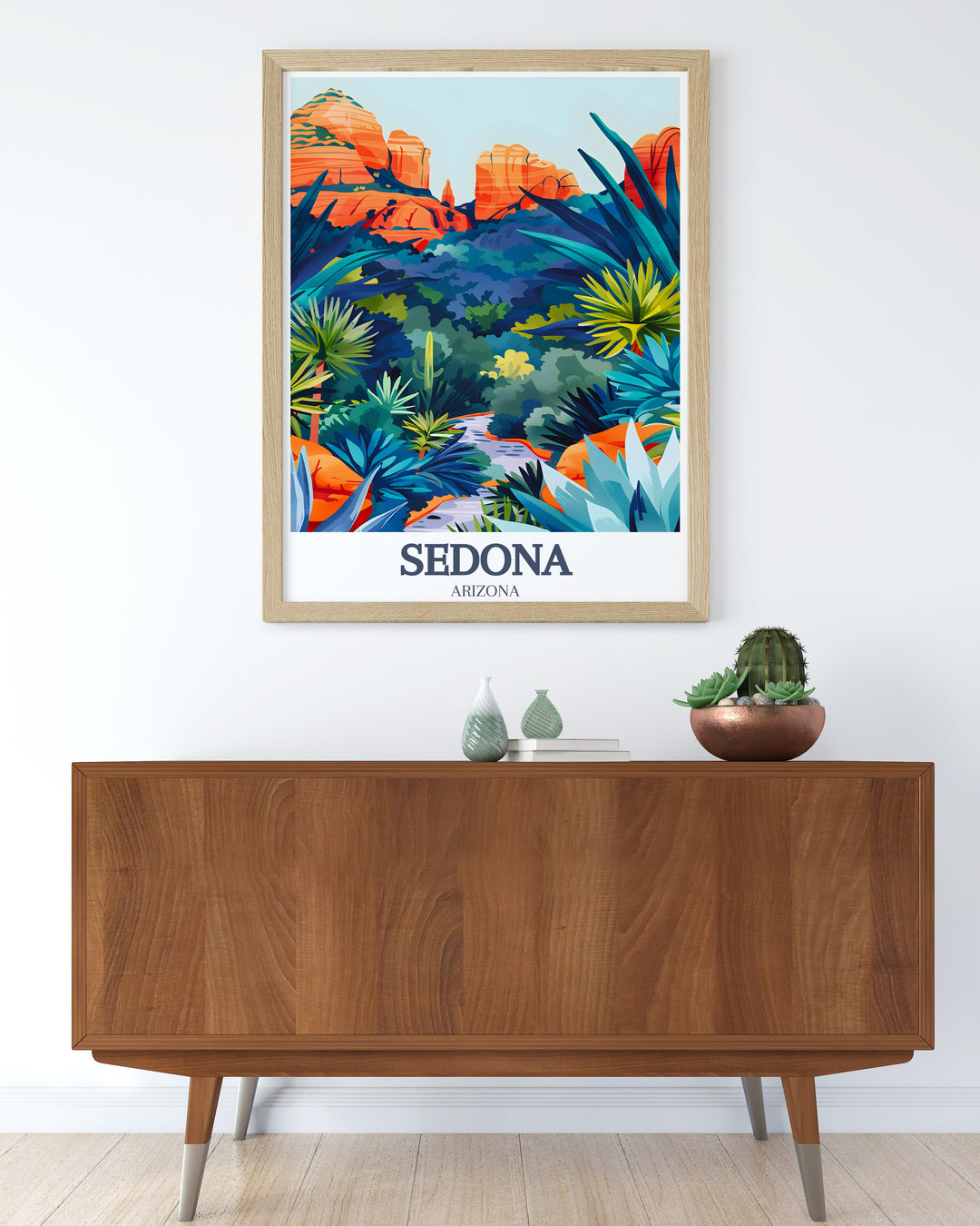 Sedona Art Print with detailed artwork of Cathedral Rock and Oak Creek Canyon bringing the majestic beauty of Sedonas red rock formations and peaceful canyon views into your home for elegant decor.