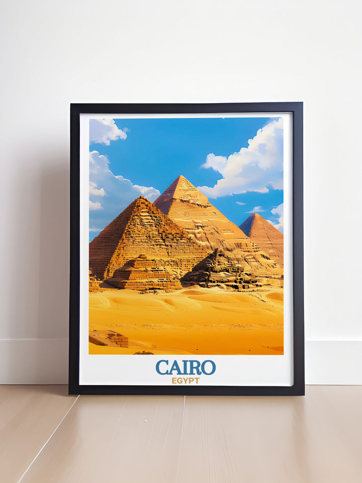 Bring the magic of Egypt to your walls with this vintage style Pyramids of Giza travel poster a perfect decor piece for any room and a great gift for travel enthusiasts and art lovers.