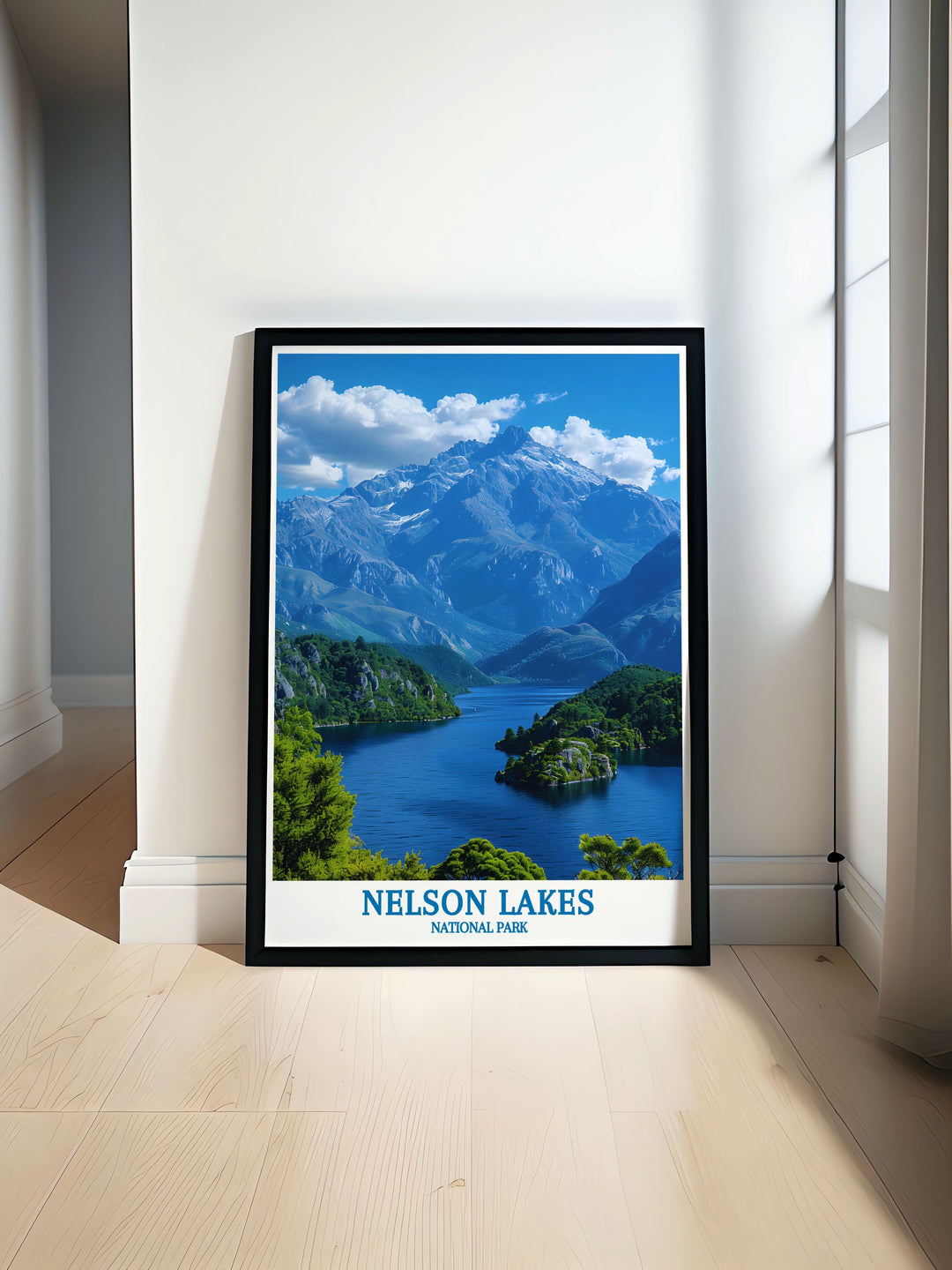 Beautiful Lake Rotoiti calm waters and scenic views travel poster showcasing the serene and tranquil atmosphere of New Zealands South Island perfect for nature lovers and home decor enthusiasts seeking to bring the outdoors into their living spaces.