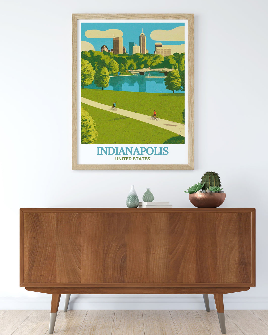 Travel print capturing White River State Park and the Indianapolis skyline. Perfect for home decor or as a unique gift. The detailed illustration and vibrant colors highlight the beauty and cultural significance of this iconic location.