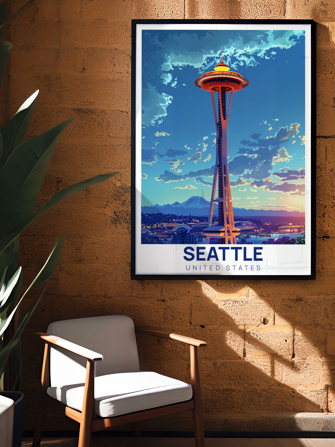 Seattle Print featuring Space Needle Wall Art in a contemporary style. Adds a touch of modern elegance to home decor with its striking cityscape depiction. Perfect for those who love Seattles skyline and want to incorporate it into their living space.