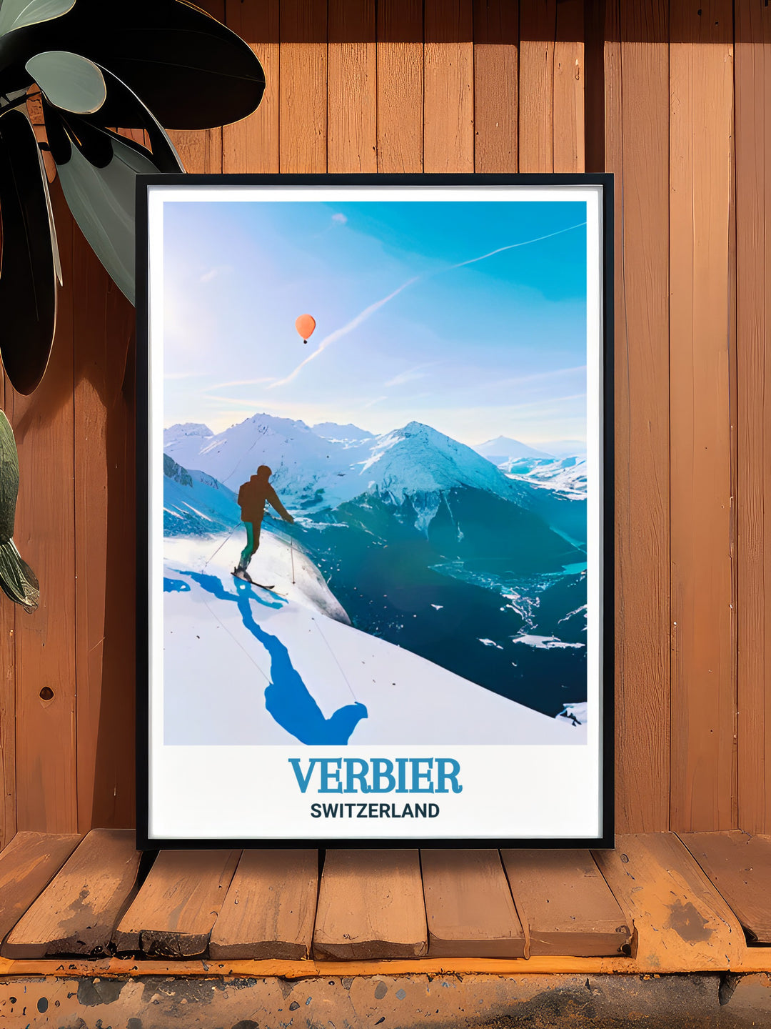 A vibrant Verbier travel print, capturing the beauty of the Swiss Alps and the excitement of skiing at Verbier Ski Resort. This framed artwork is a must have for any winter sports enthusiast.