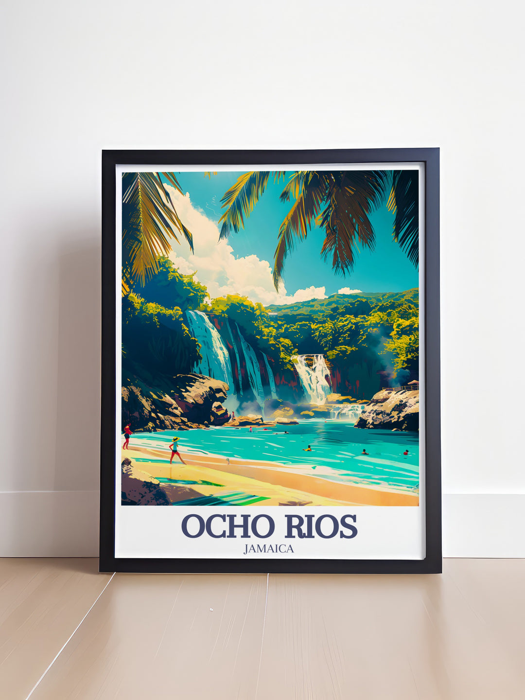 Bring the warmth and beauty of the Caribbean Sea into your home with this Ocho Rios travel poster, featuring the idyllic beaches and refreshing waters of Dunns River Falls. The detailed imagery and vibrant colors create a calming atmosphere, perfect for any room.